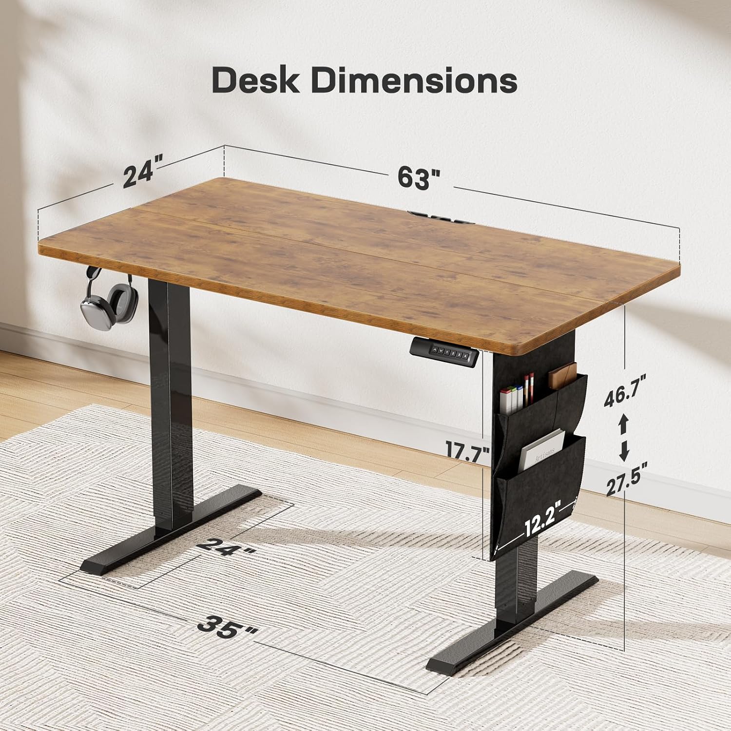 Marsail Standing Desk,Home Office Adjustable Heights Desk,Stand Up Desk,63x24 Inches Desktop Sit Stand Gaming Computer Desk for Study,Writing with 4 Memory Presets,Headphone Hook,Cable Organizer