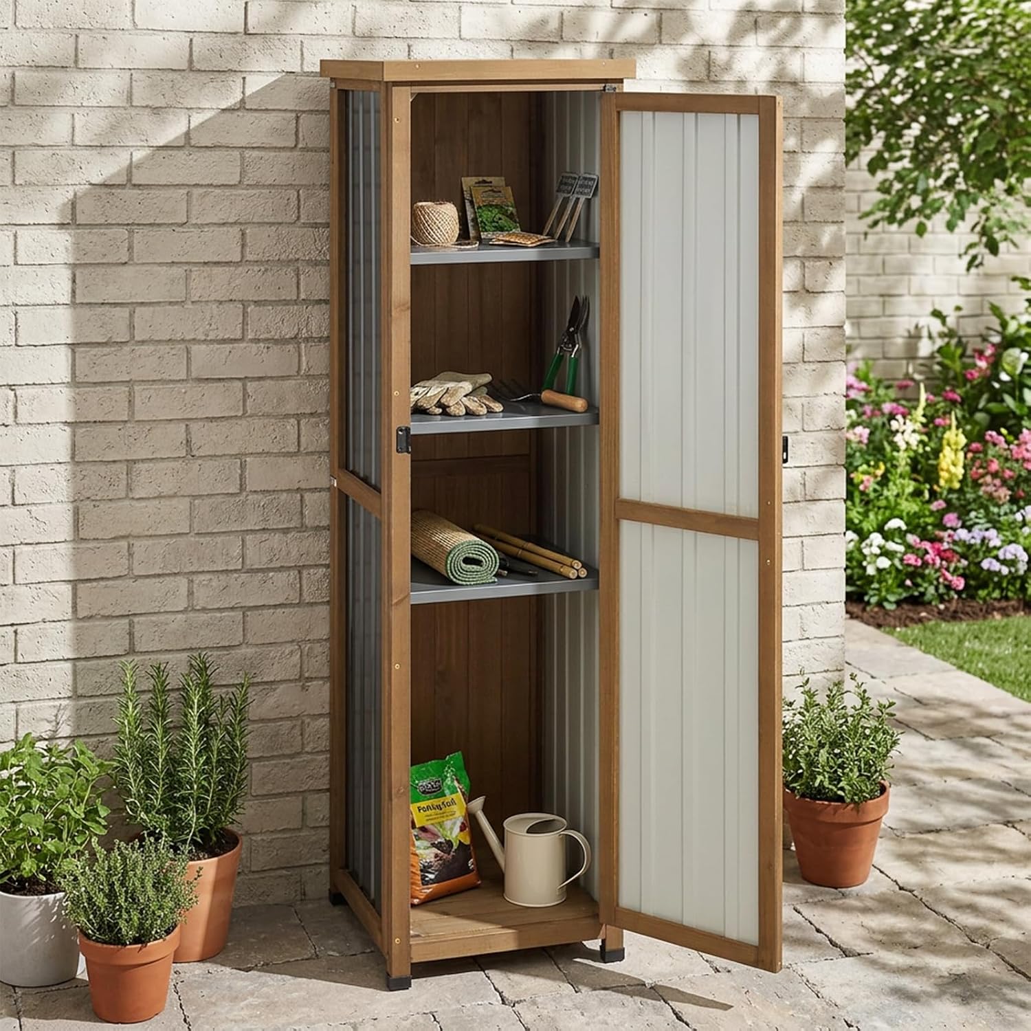 Tall Outdoor Storage Cabinet, Weatherproof Wooden Garden Potting Bench with Metal Top & Adjustable Shelves, Outdoor Patio Cabinets Work Station for Balcony, Pool, Garage