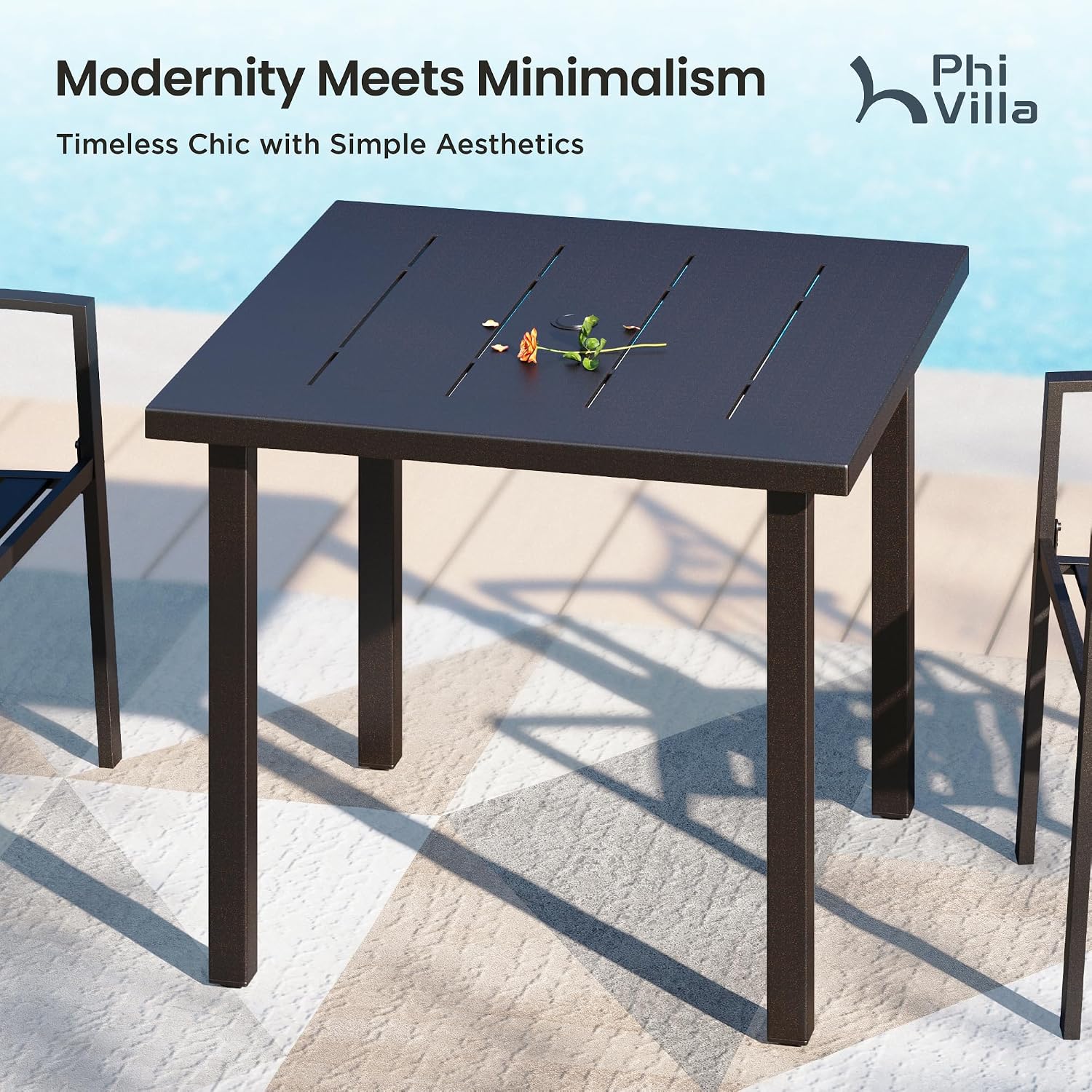PHI VILLA 5 Piece Metal Outdoor Table and Chairs, 34.2' Metal Square Table with Umbrella Hole & Stackable Wrought Iron Chairs, All Weather Large Furniture Set for Patio, Deck, Backyard, Porch - Black