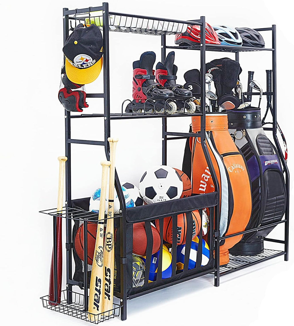 WALMANN Garage Sports Equipment Organizer, Golf Bag Stand for Garage Ball Storage Rack Indoor/Outdoor Kids Toys Storage Organizer Bins, Ball Holder with Baskets