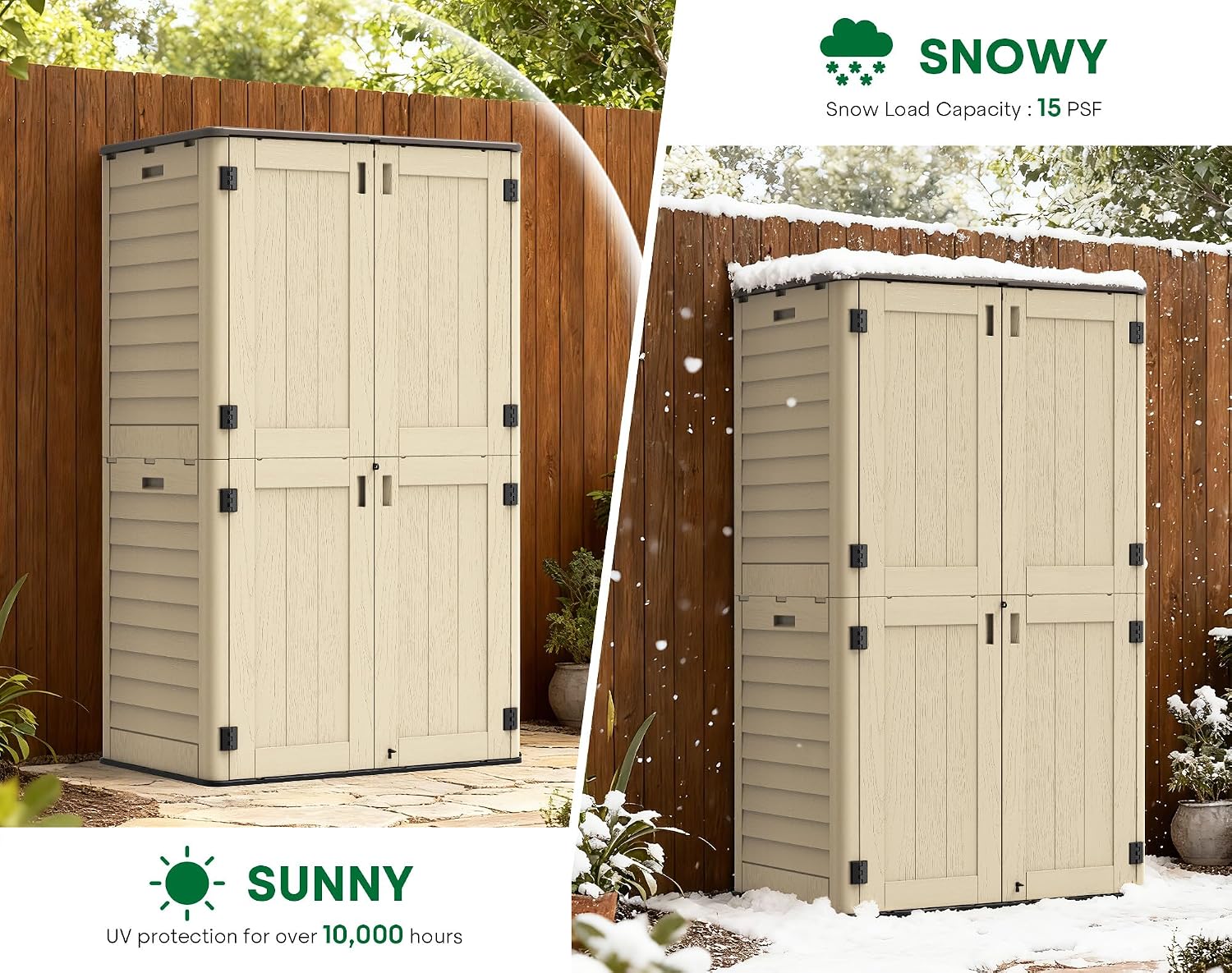 Tall Vertical Outdoor Storage Shed, 60 Cu Ft Waterproof Resin Storage Cabinet with Floor, All-Weather Garden Shed for Garage, Patio, Backyard, Porch (Khaki)