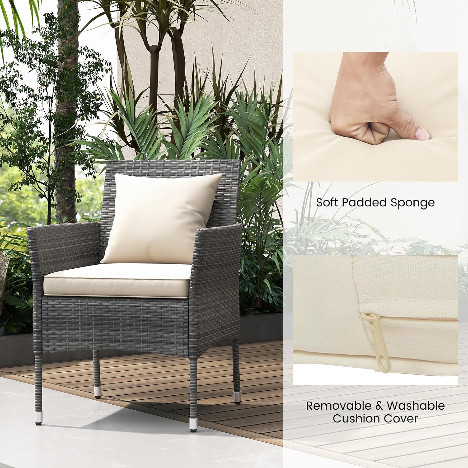 RELAX4LIFE 3-Piece Patio Furniture Set - Rattan Wicker Outdoor Furniture w/Cushions & Tempered Glass Coffee Table, Small Conversation Bistro Table and Chairs Set of 2 for Garden Porch Balcony (Beige)