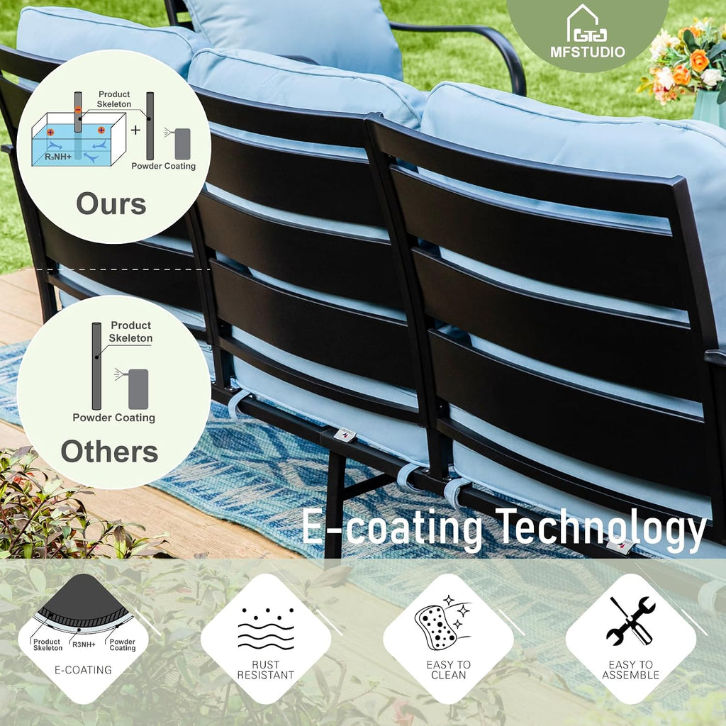 MFSTUDIO 4 Pieces Patio Conversation Sets(5 Seat),Outdoor Metal Furniture Sofas with 1 Loveseat(3 Seat), 2 Rocking Chairs,1 Coffee Table,Wrought Iron with Blue Cushion for Patio Courtyard Balcony