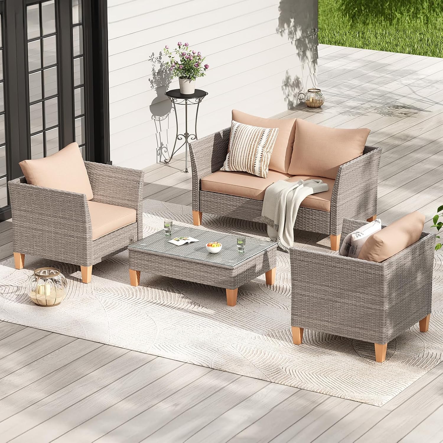 Soohow 5-Piece Patio Furniture Set, Thickened Rattan Sectional Outdoor Sofa with Glass Top Table, Reclined Backrest and Khaki Cushions