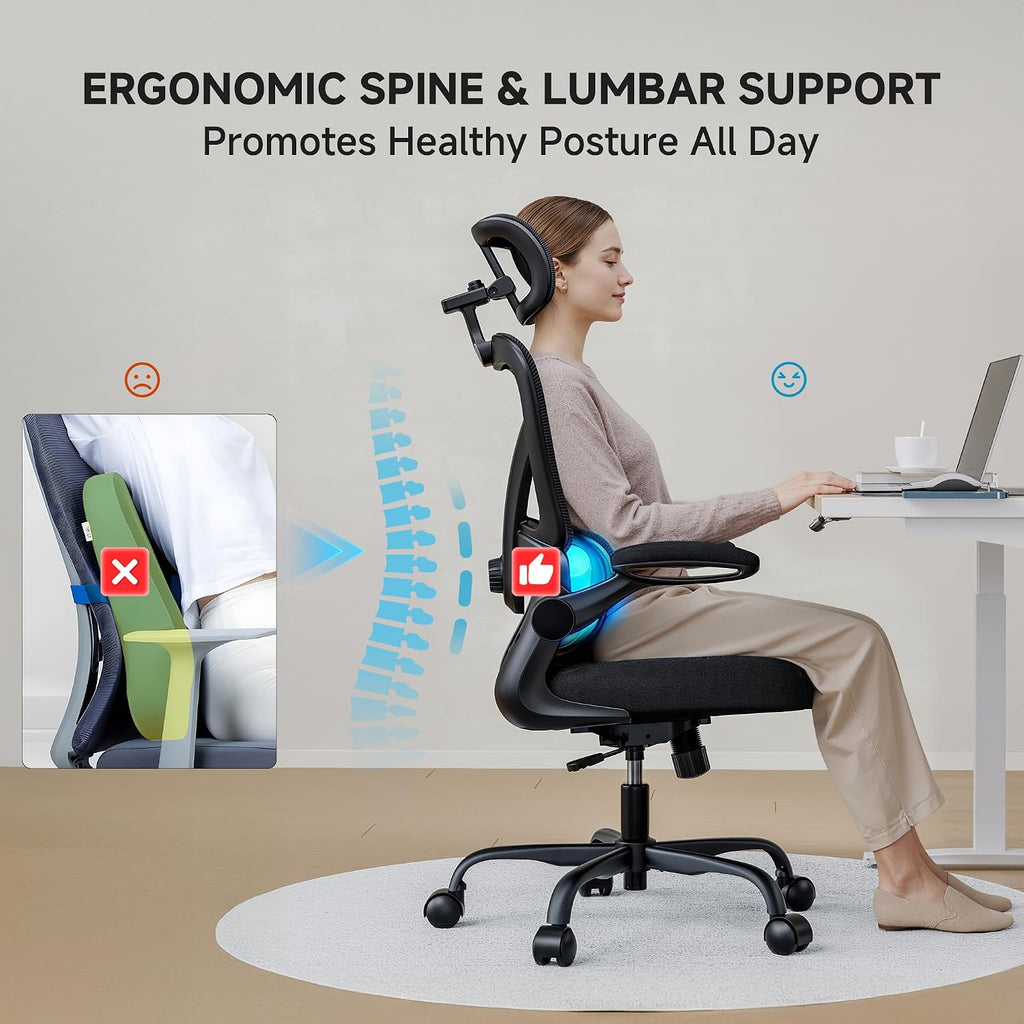 Ergonomic Office Chair, 330LBS Desk Chair with 3-Level Lumbar Support & Headrest, Breathable Mesh Backrest, Flip-Up Armrests for Home Office and Gaming, Black