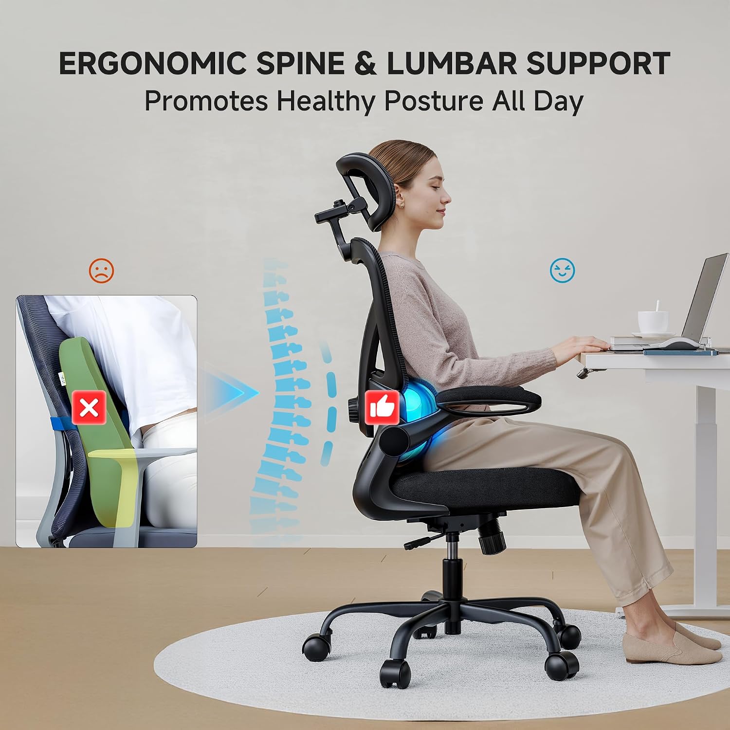 Ergonomic Office Chair, 330LBS Desk Chair with 3-Level Lumbar Support & Headrest, Breathable Mesh Backrest, Flip-Up Armrests for Home Office and Gaming, Black