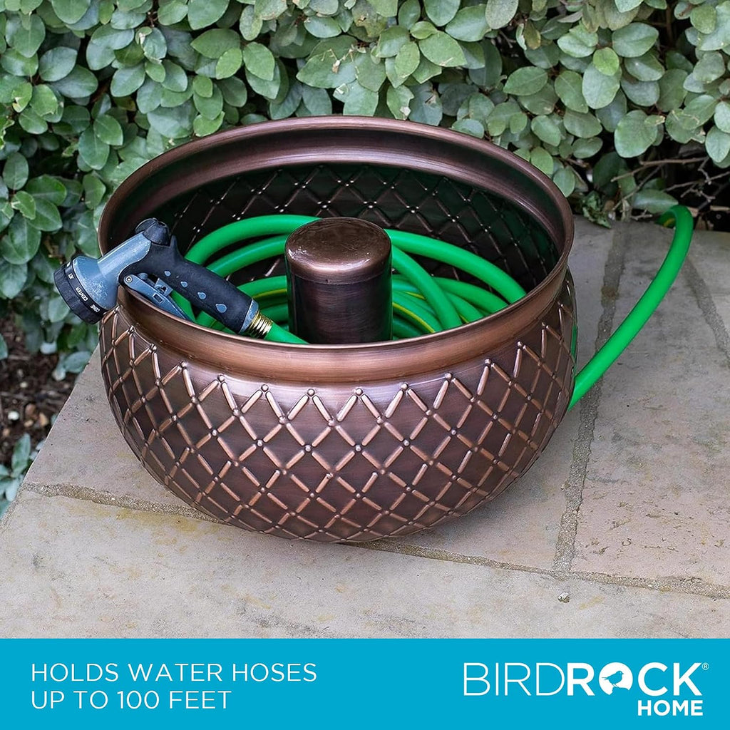 BIRDROCK HOME Water Hose Holder - Decorative Metal Pot, Indoor or Outdoor, Garden Storage Organizer, Patio Portable Bucket - Embossed Steel w/Copper Accents, Holds up to 100ft Hoses