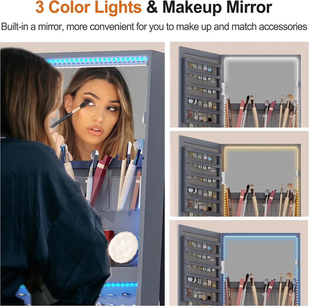 360° Rotating LED Jewelry Armoire with Lockable,3 Color Dimmable Full Length Mirror with Makeup Tray,Jewelry Organizer Cabinet with Back Storage Shelves