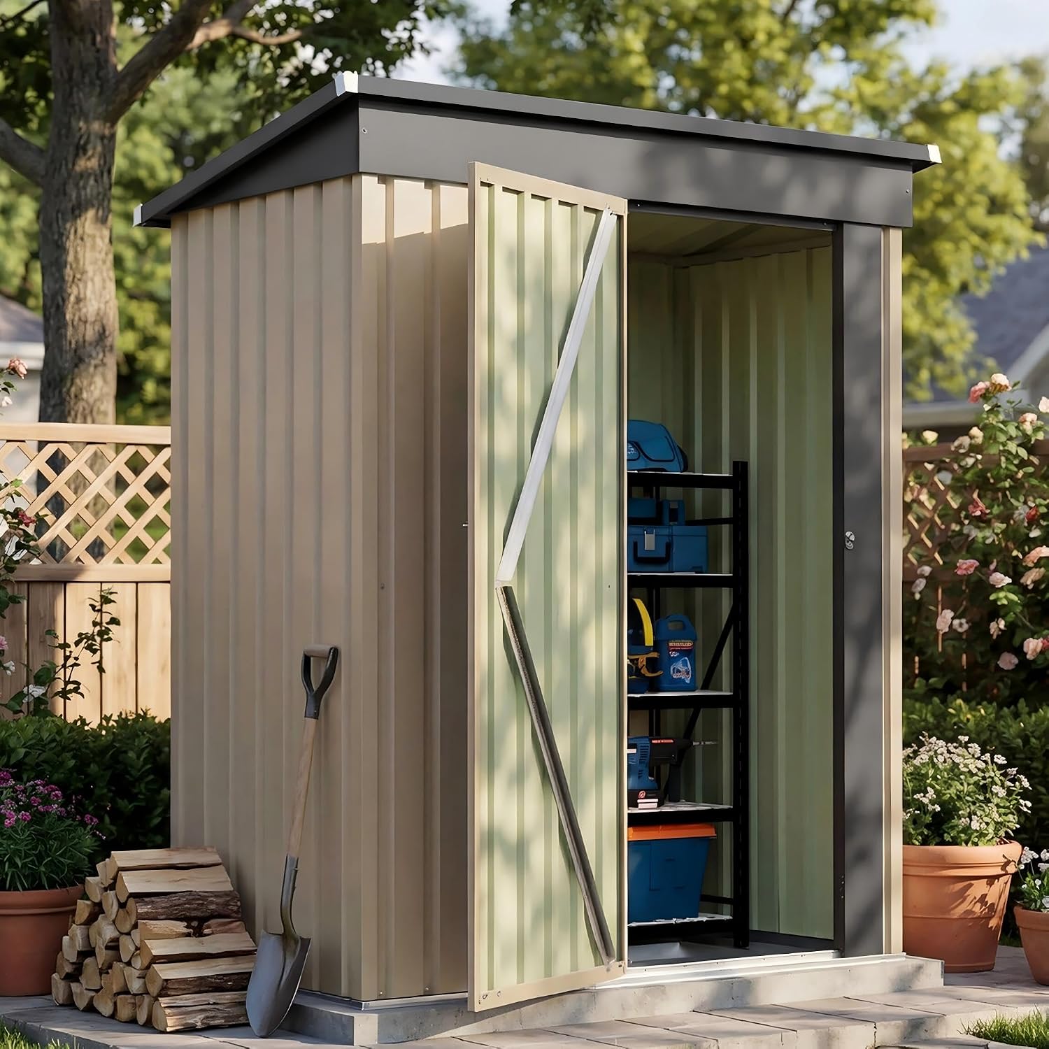 Patiowell 5x3 FT Outdoor Storage Shed with Floor Frame, Small Metal Garden Sheds with Sloping Roof and Lockable Door, Waterproof Patio Tool Shed for Backyard Garden Lawn, Brown