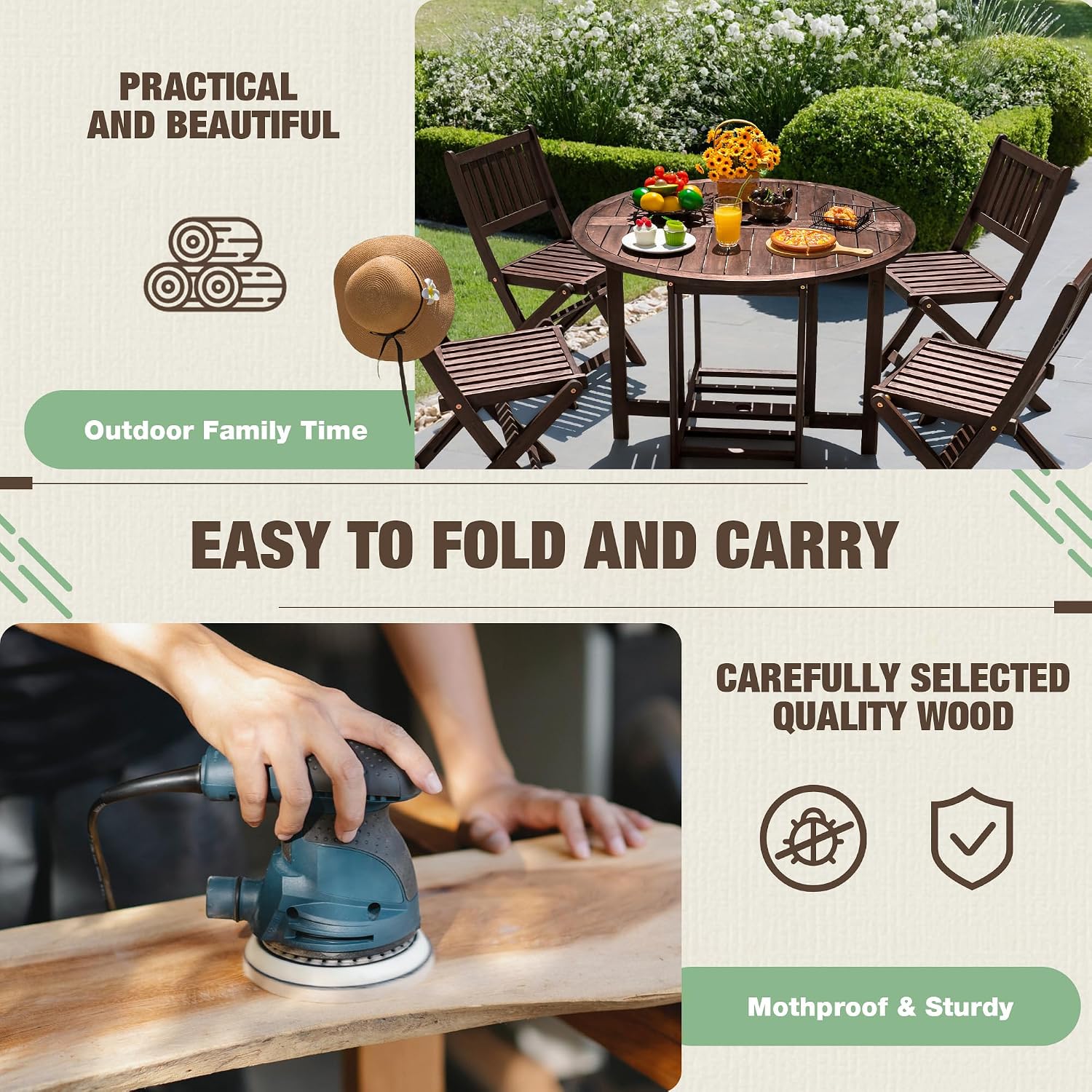 Devoko 5 PCS Patio Furniture, Patio Dining Set Acacia Wood Outdoor Table and Chairs, with 4 Folding Chairs and 37' Round Movable Table, Outdoor Dining Set for Lawn, Balcony, Garden (Deep Brown)