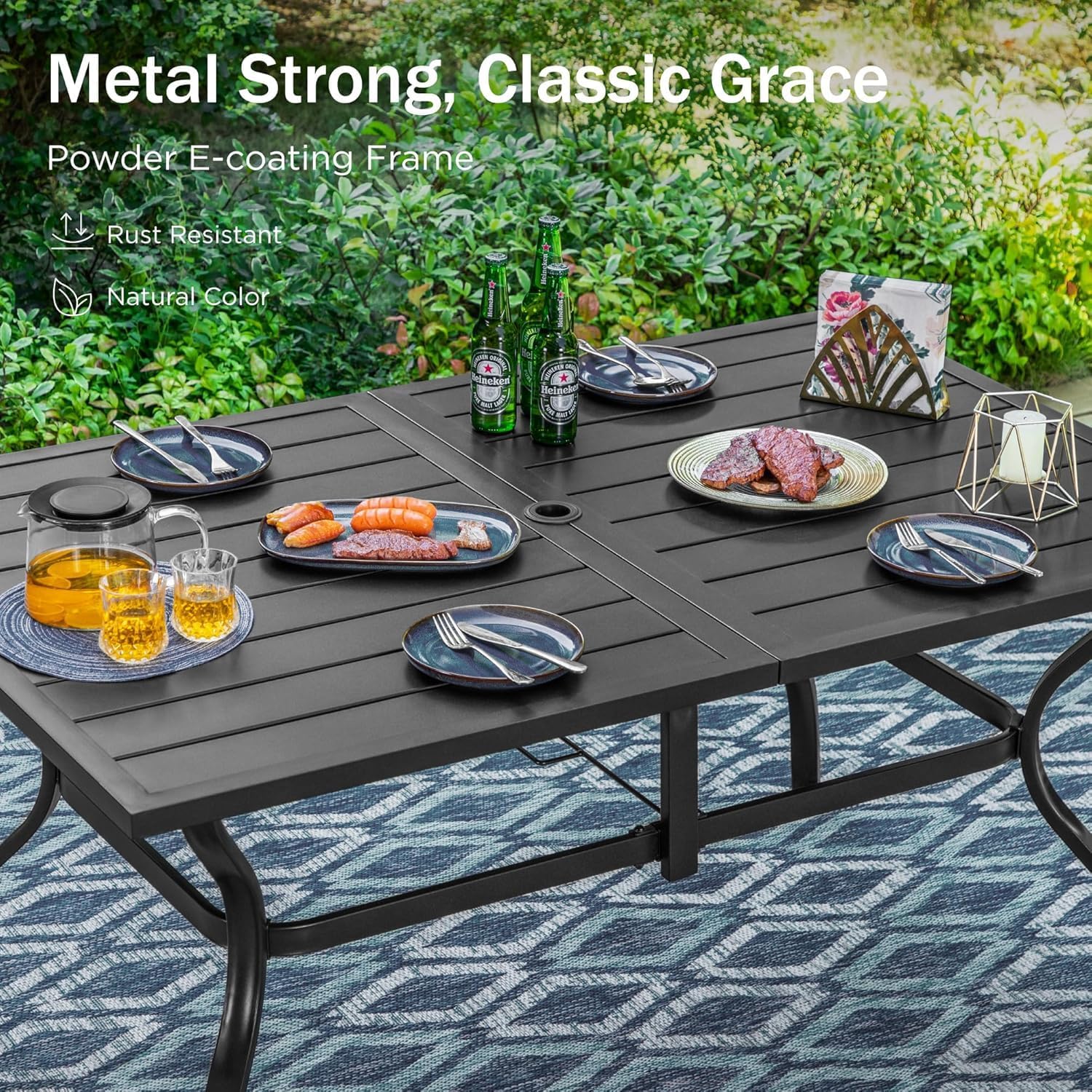 PHI VILLA 7 Pieces Patio Dining Set for 6, 60' Rectangle Metal Steel Table with Umbrella Hole & Swivel Wrought Iron Chairs with Cushions, Large Outdoo Furniture Set for Deck, Porch, Yard