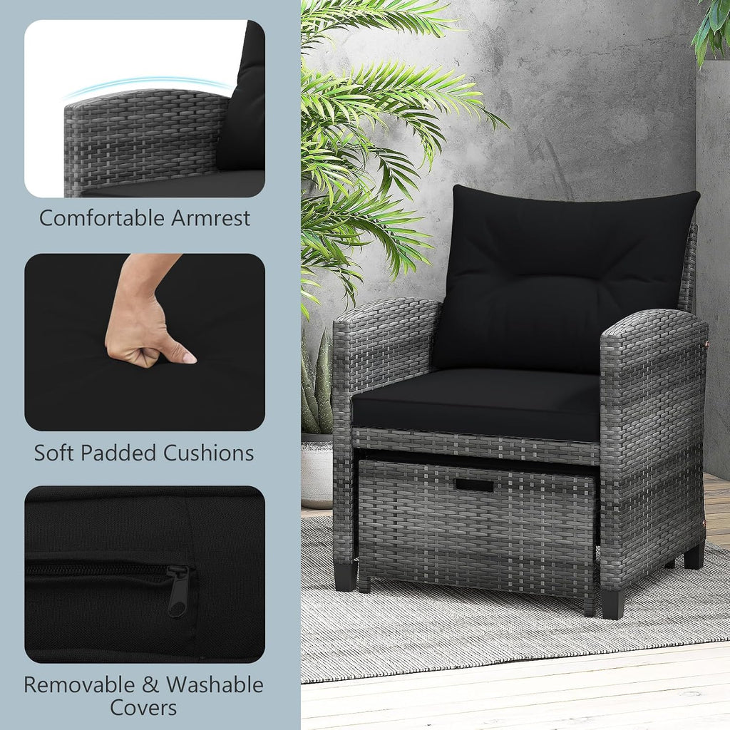 ORALNER 5 Pieces Patio Furniture Set with Ottoman, Wicker Conversation Set w/Cushions, Glass Coffee Table, Outdoor Lounger Rattan Chairs Bistro Set for Porch Balcony Garden Deck Poolside (Black)