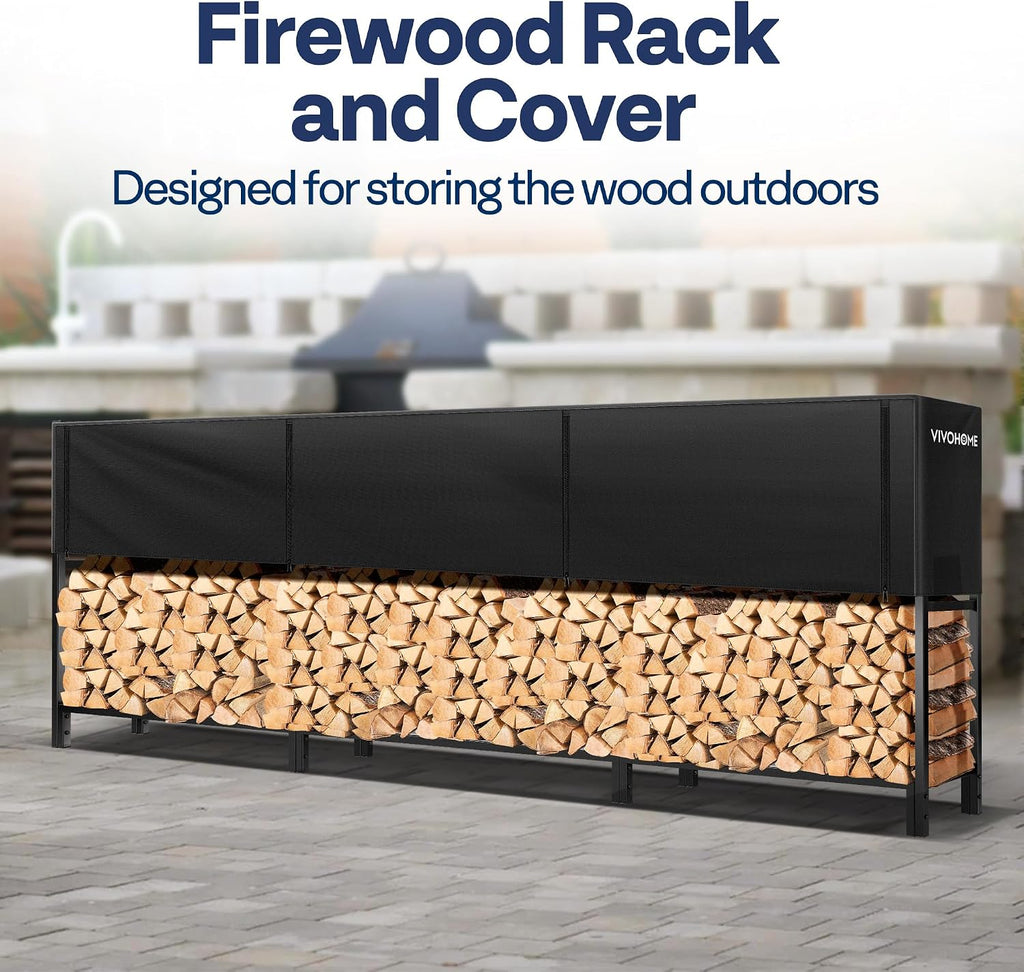 VIVOHOME Upgraded Heavy Duty 12 ft 3/4 Cord Firewood Rack Outdoor with Cover Combo Set, Thick Steel Log Holder Up to 4400 lb, Fire Wood Pile Storage Stand Organizer Black