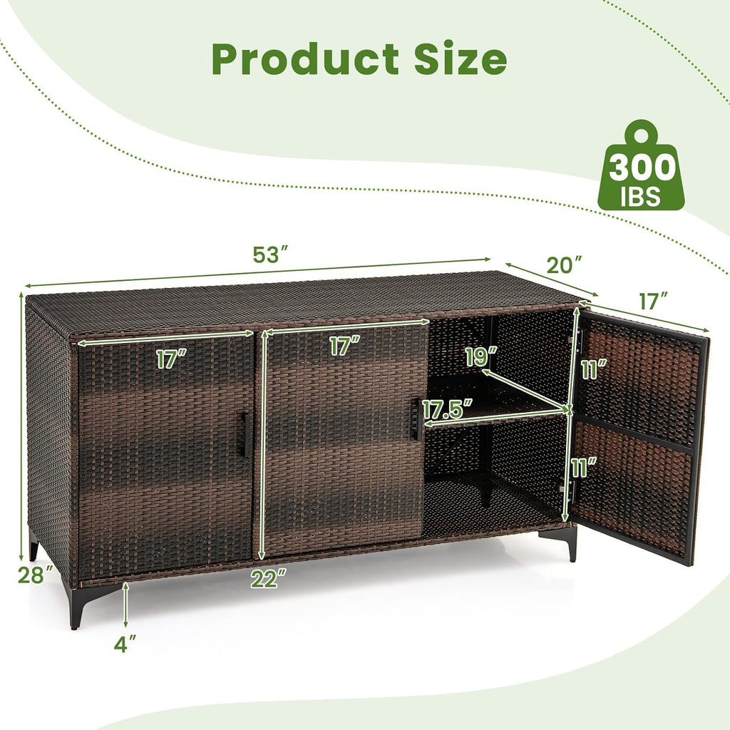 RELAX4LIFE 84-Gallon Outdoor Storage Box - Wicker Rattan 3-Door Patio Storage Cabinet Container w/Removable Shelves for Cushions, Garden Tools, Pool & Sports Equipment, Indoor Outdoor Deck Box (Brown)