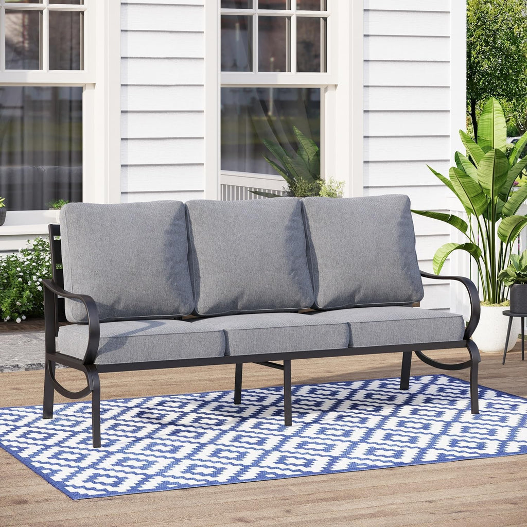 MFSTUDIO Metal Patio Furniture Sets, All-Weather Steel Frame Outdoor Conversation Set Patio Sofa Set with 3-Seats for Garden, Backyard(Grey Cushion)
