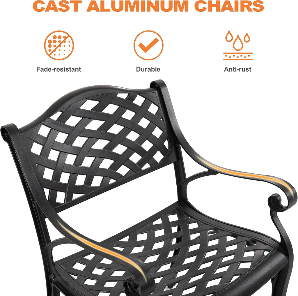 NUU GARDEN 3 Piece Outdoor Cast Aluminum Bistro Table Set Rustproof Table and Chairs with Umbrella Hole for Backyard, Balcony, Front Porch, Black
