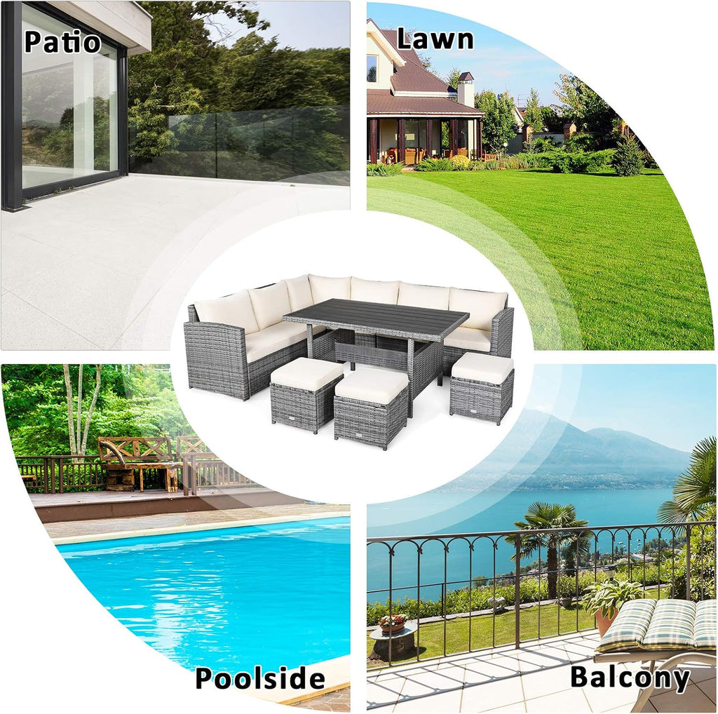 Tangkula 7 Pieces Patio Furniture Set, Outdoor Sectional Rattan Dining Sofa Set with Cushions, All Weather Wicker Conversation Couch Set with Dining Table & Ottomans for Yard Garden Poolside, White
