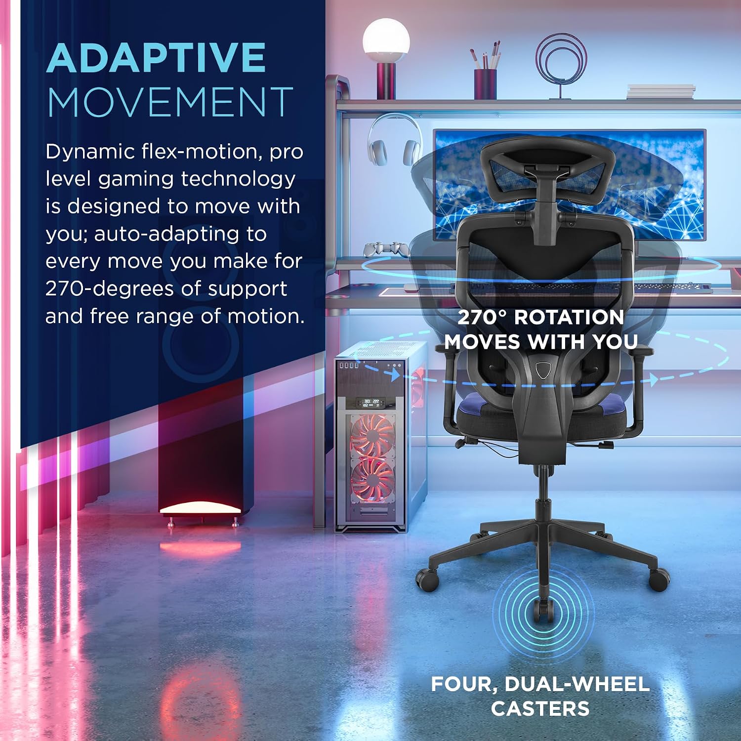 Tempur-Pedic Blaze Auto-Adaptive Ergonomic Gaming Chair with Lumbar Support and 3D Armrest Adjustment, Cooling Racing Style Gaming Chair, Blue