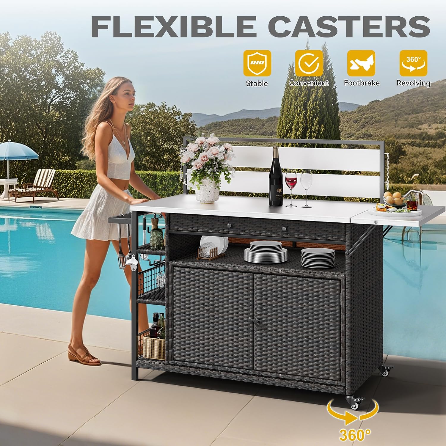 DWVO XL Outdoor Bar Table & Storage Cabinet, Wheels and Stainless Steel Extended Table Top, Patio Bar Table with Side Handle for Patio Kitchen or Bar Cart, Dark Brown
