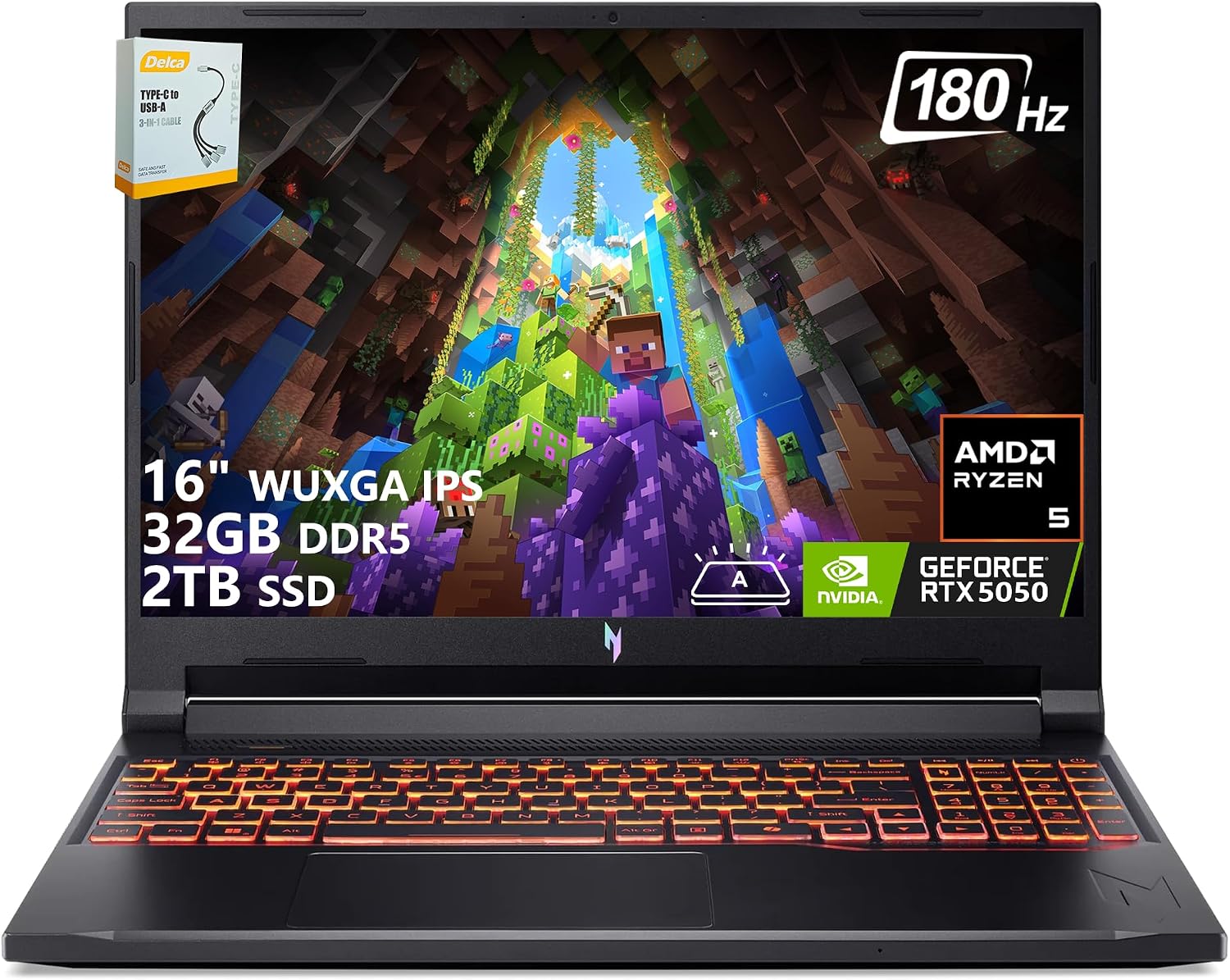 acer Nitro V 16 AI Gaming Laptop | 16' WUXGA IPS 180Hz | AMD Hexa-Core Ryzen 5 240 | 32GB DDR5 2TB SSD | GeForce RTX 5050 8GB DLSS4 (Up to 440 AI Tops) | Backlit Keyboard Win11 w/DLCA Accessory