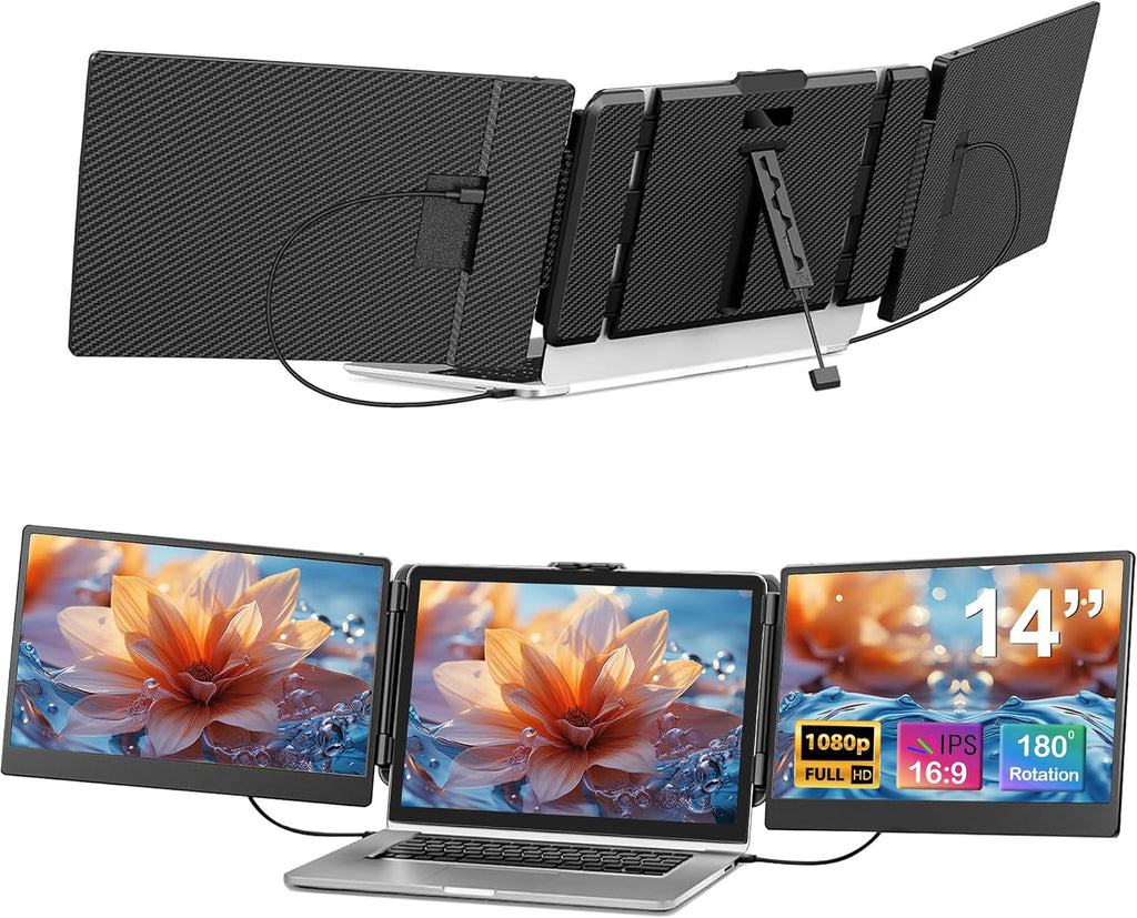 Alecewey Laptop Screen Extender 14 inch Triple Portable Laptop Monitor Attachment FHD 1080P Extra Screen for 13-17'' Laptops with Windows Chrome Mac