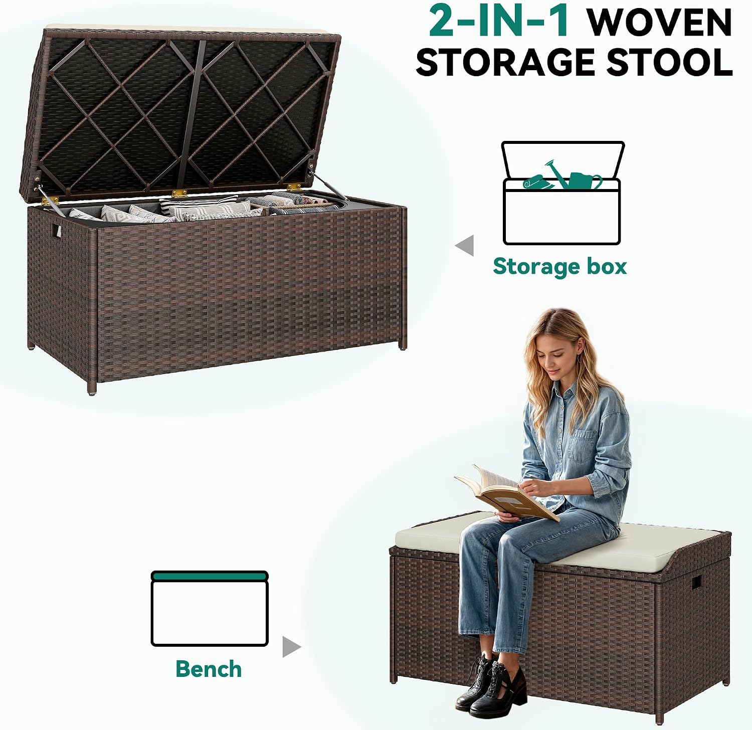 YITAHOME Outdoor Storage Bench, 70 Gallon PE Rattan Patio Storage Bench w/Handles and Soft Cushion,Outdoor Storage Box for Patio, Yard, Lawn, Garden