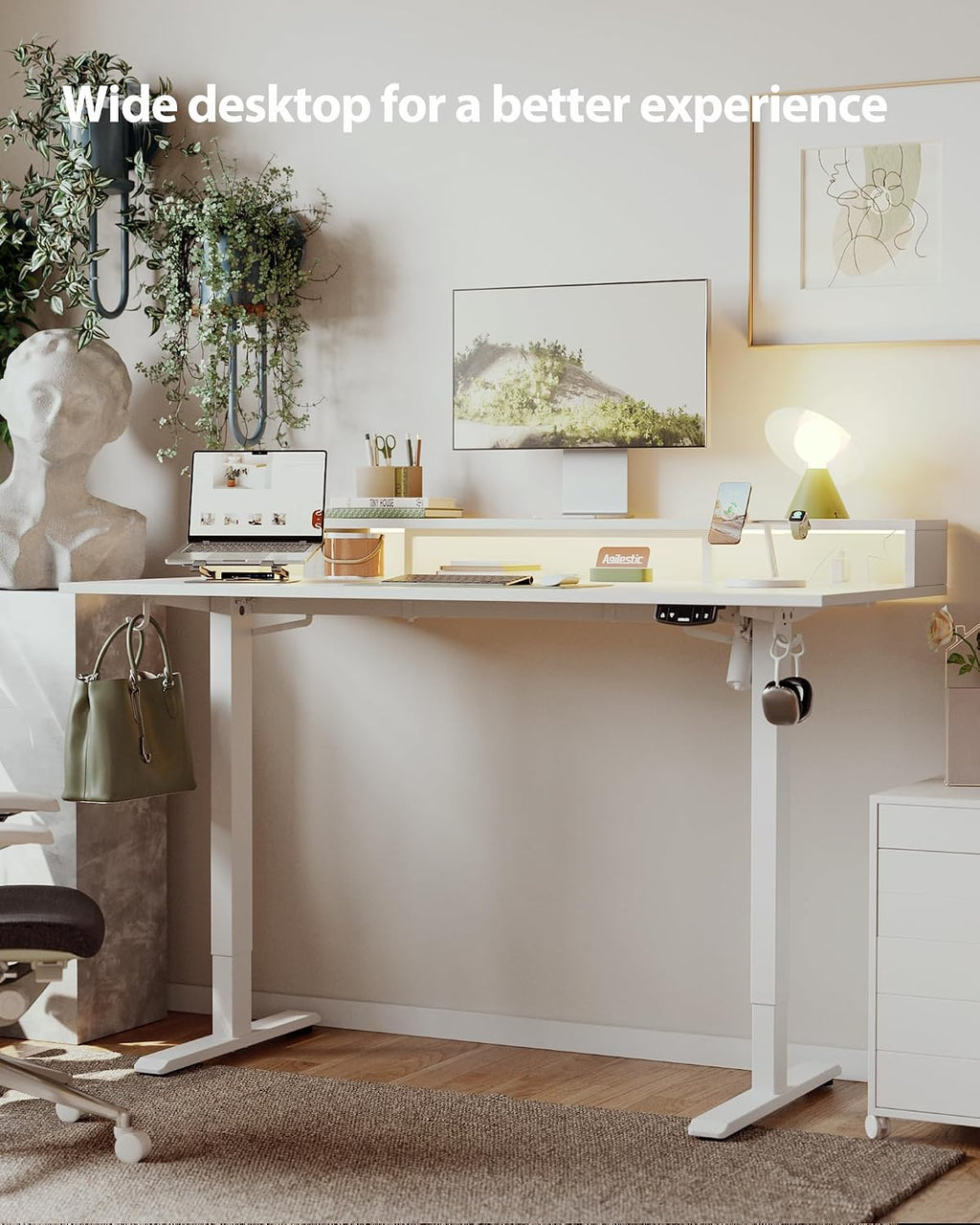Agilestic 63x24 Inch Electric Standing Desk with Shelf, Height Adjustable Desk with Power Outlets & LED, Sit Stand Up Table with Monitor Stand, Computer Workstation, White