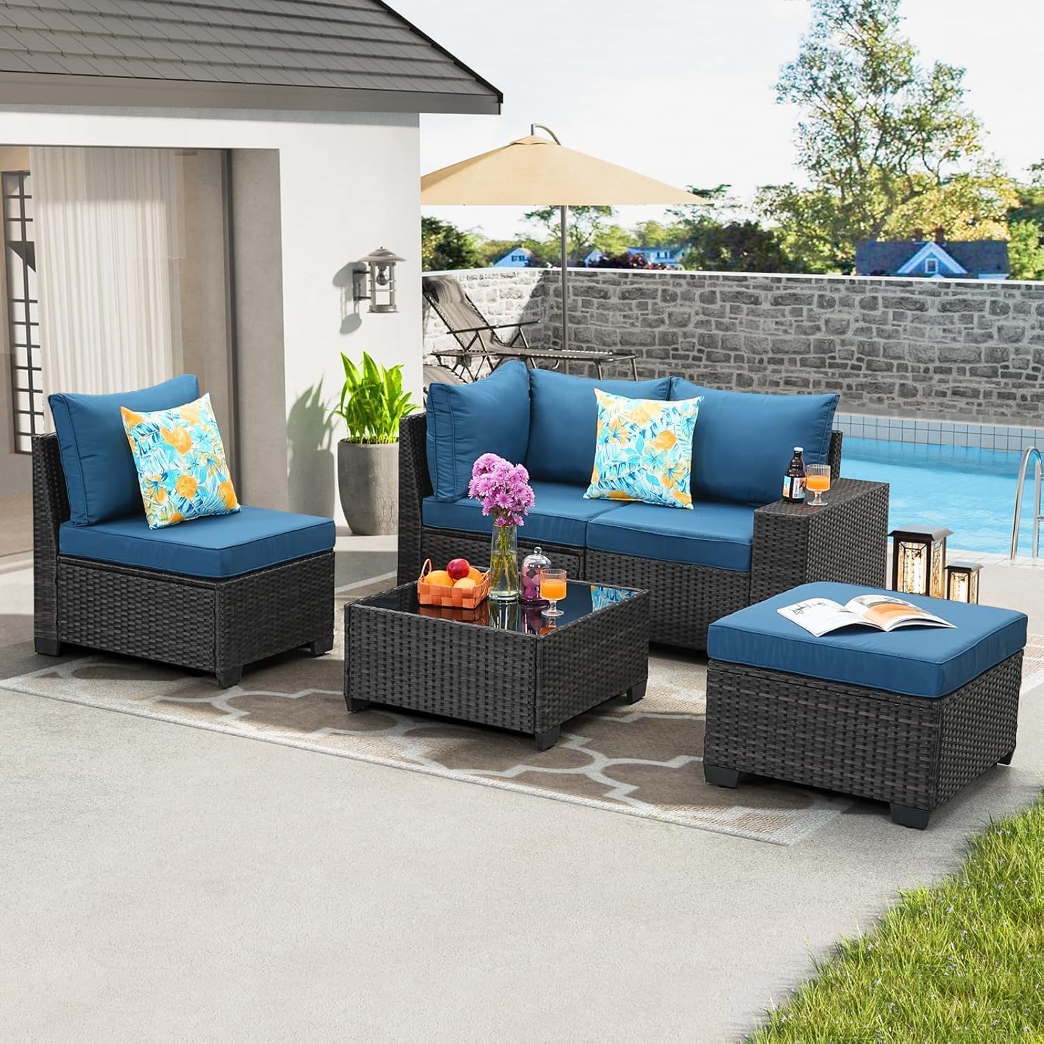 5 Pieces Outdoor Patio Furniture Set, Wicker Conversation Sets with Tea Table, Rattan Patio Sofa with Thick Cushions for Garden, Backyard, Poolside, Party, Peacock