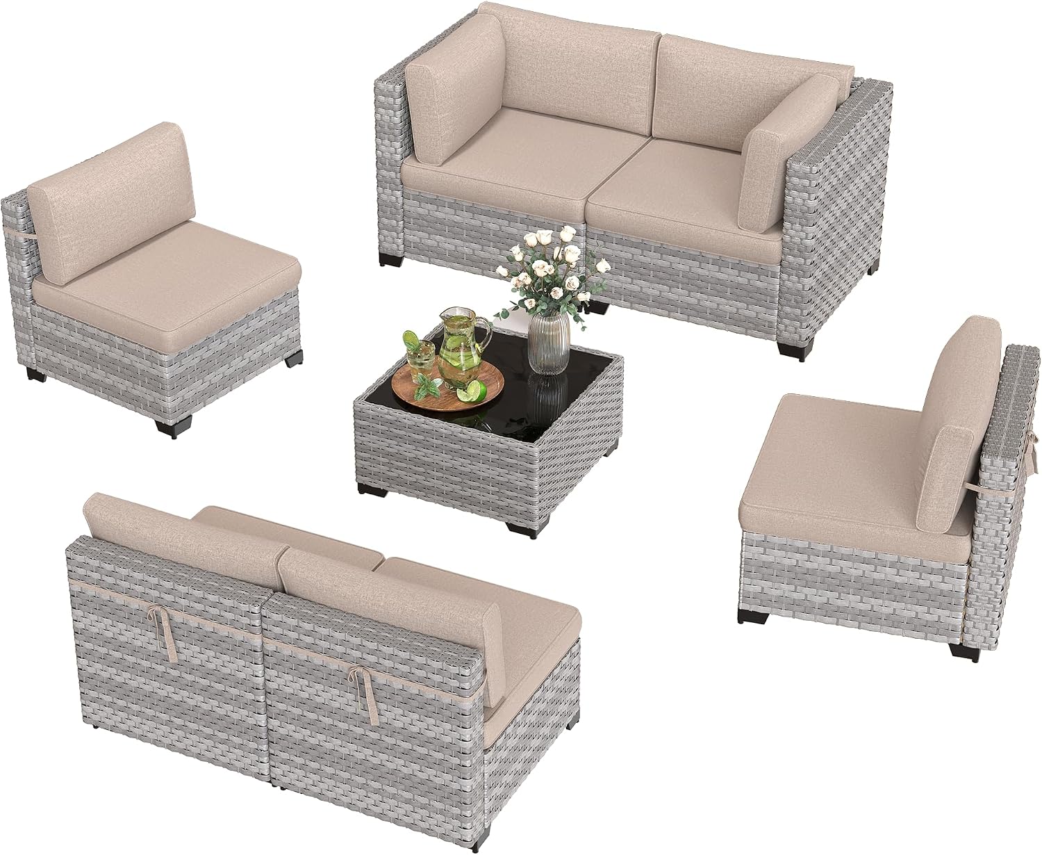 6-Seat Modular Patio Furniture Set – Outdoor Wicker Sectional Sofa with Thick 4″ Cushions, Dual-Strand PE Rattan, Rust-Resistant 18 mm Steel Frame, Backyard Garden Deck Lounge,Beige
