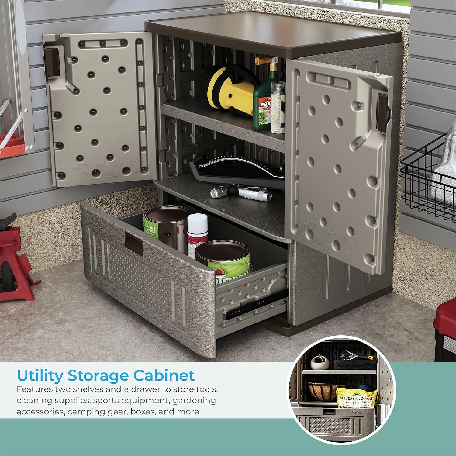 Suncast Indoor Resin Single-Drawer Storage Cabinet, Platinum Metallic, Made in the USA