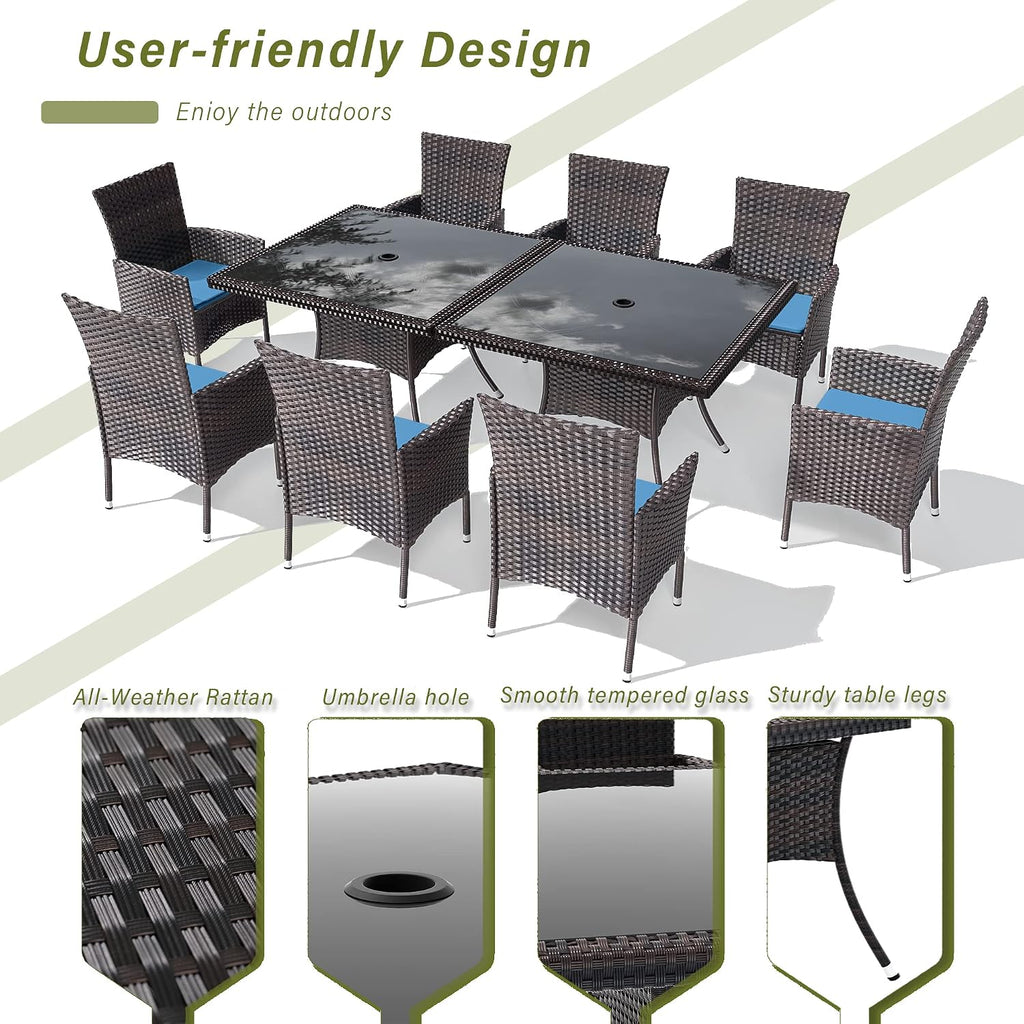 10 Pieces Outdoor Patio Dining Set,Patio Table and Chairs Rattan Outdoor Patio Furniture Set with Umbrella Hole,Dining Table Set for 8 with Chairs for Backyard,Garden and Kitchen,Navy Blue