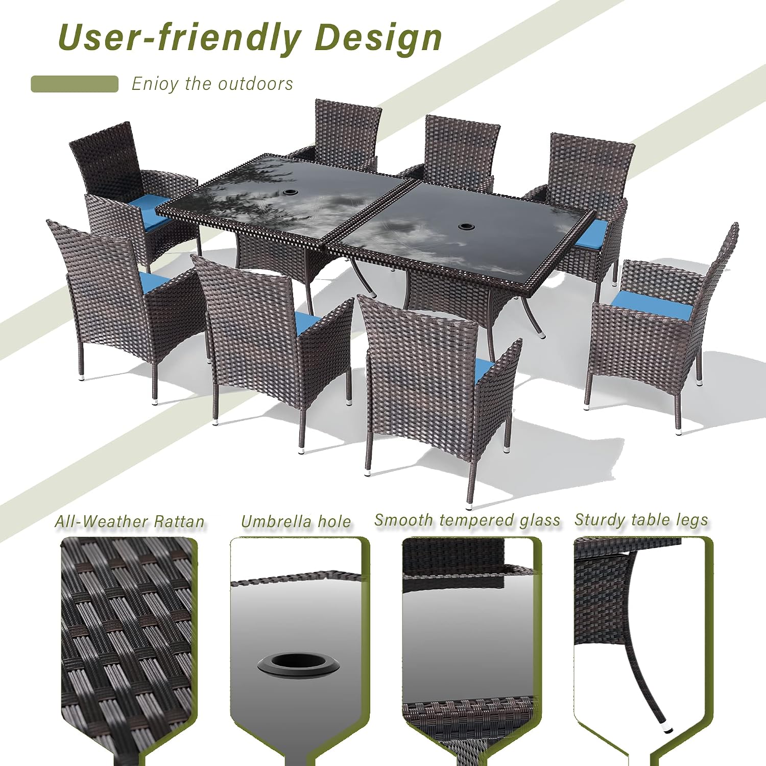 10 Pieces Outdoor Patio Dining Set,Patio Table and Chairs Rattan Outdoor Patio Furniture Set with Umbrella Hole,Dining Table Set for 8 with Chairs for Backyard,Garden and Kitchen,Navy Blue
