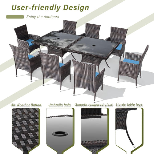 10 Pieces Outdoor Patio Dining Set,Patio Table and Chairs Rattan Outdoor Patio Furniture Set with Umbrella Hole,Dining Table Set for 8 with Chairs for Backyard,Garden and Kitchen,Navy Blue