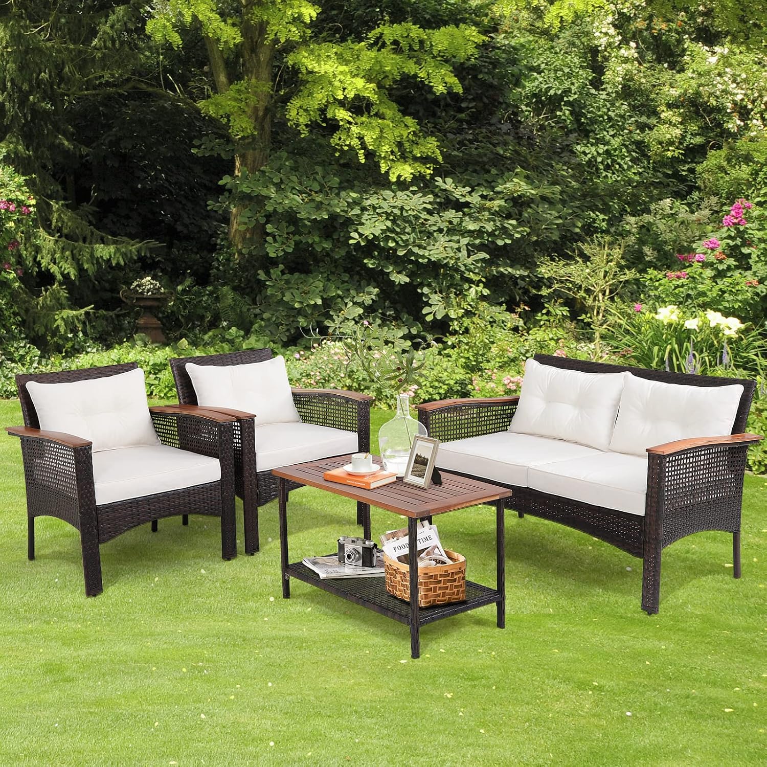 Tangkula 4-Piece Patio Furniture Set, Patiojoy Acacia Wood Outdoor PE Wicker Conversation Set with Cushions, PE Rattan Sectional Sofa Set for Lawn, Porch, Poolside, Backyard (Off White)