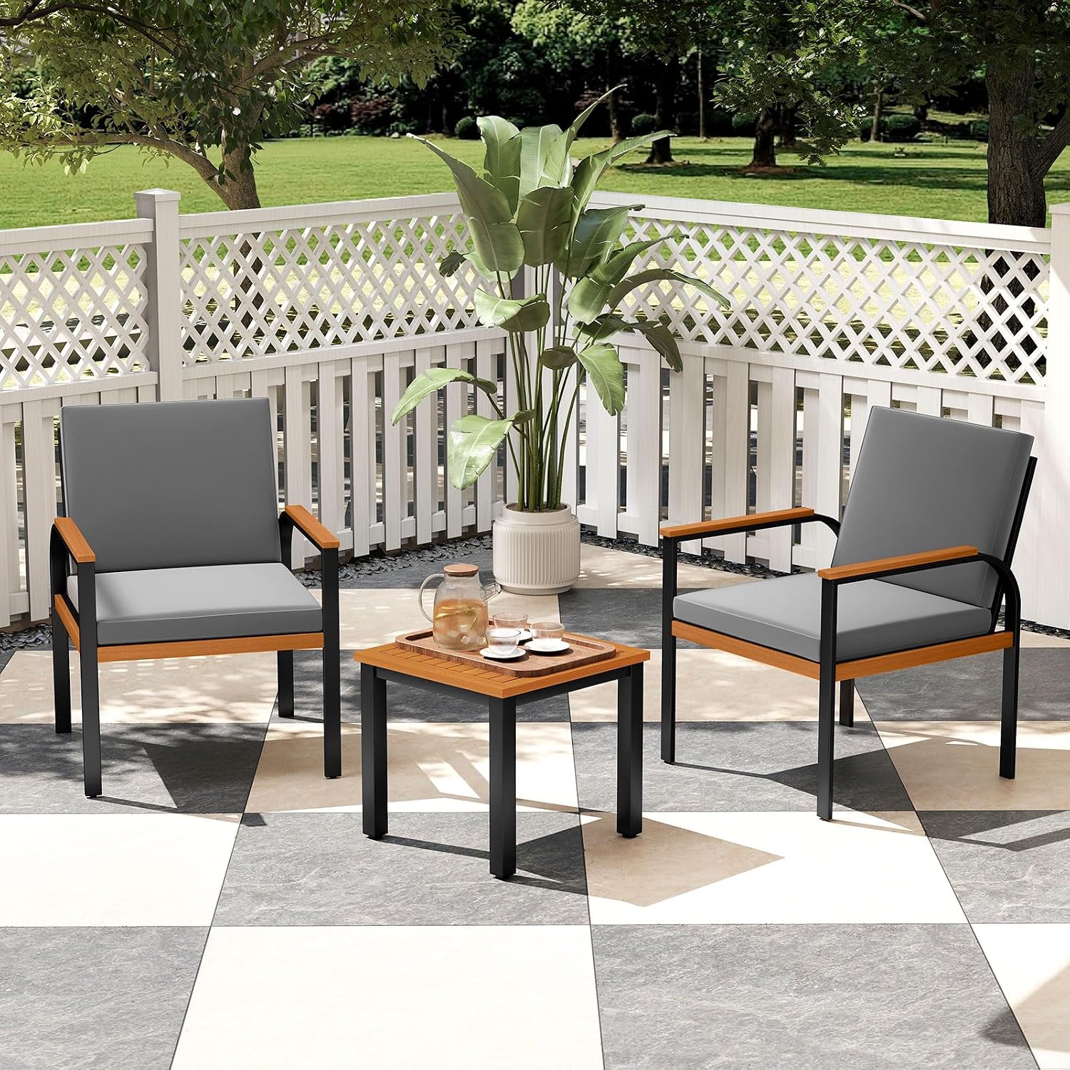 Tangkula 3 Pieces Patio Furniture Set, Outdoor Cushioned Conversation Chairs Set with Acacia Wood Side Table, for Porch, Balcony and Garden