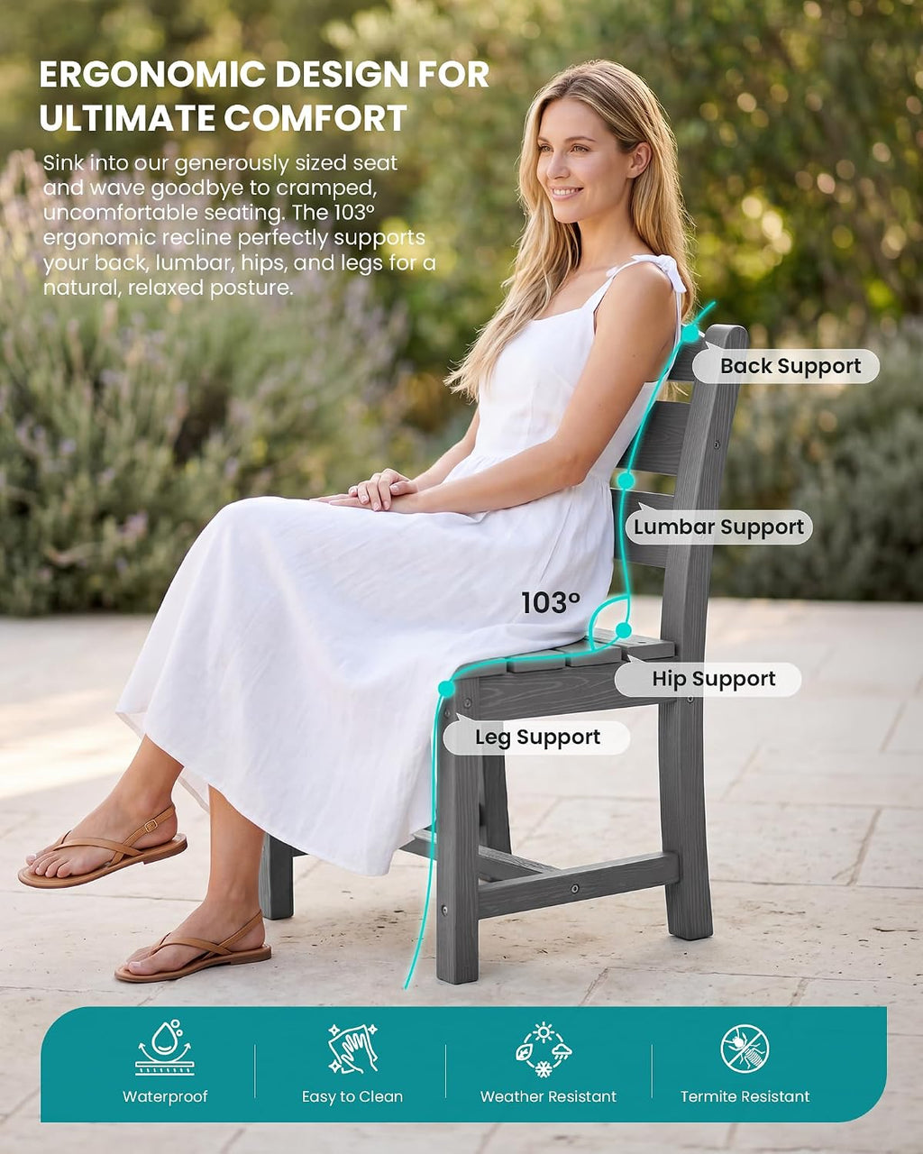 SERWALL Patio Dining Chair, All Weather Dining Chair Set of 2, Outdoor Dining Chair with Widened Seat, Gray