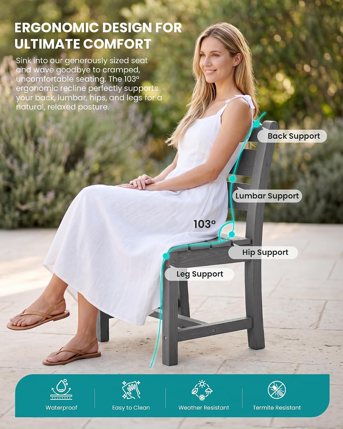 SERWALL Patio Dining Chair, All Weather Dining Chair Set of 2, Outdoor Dining Chair with Widened Seat, Gray