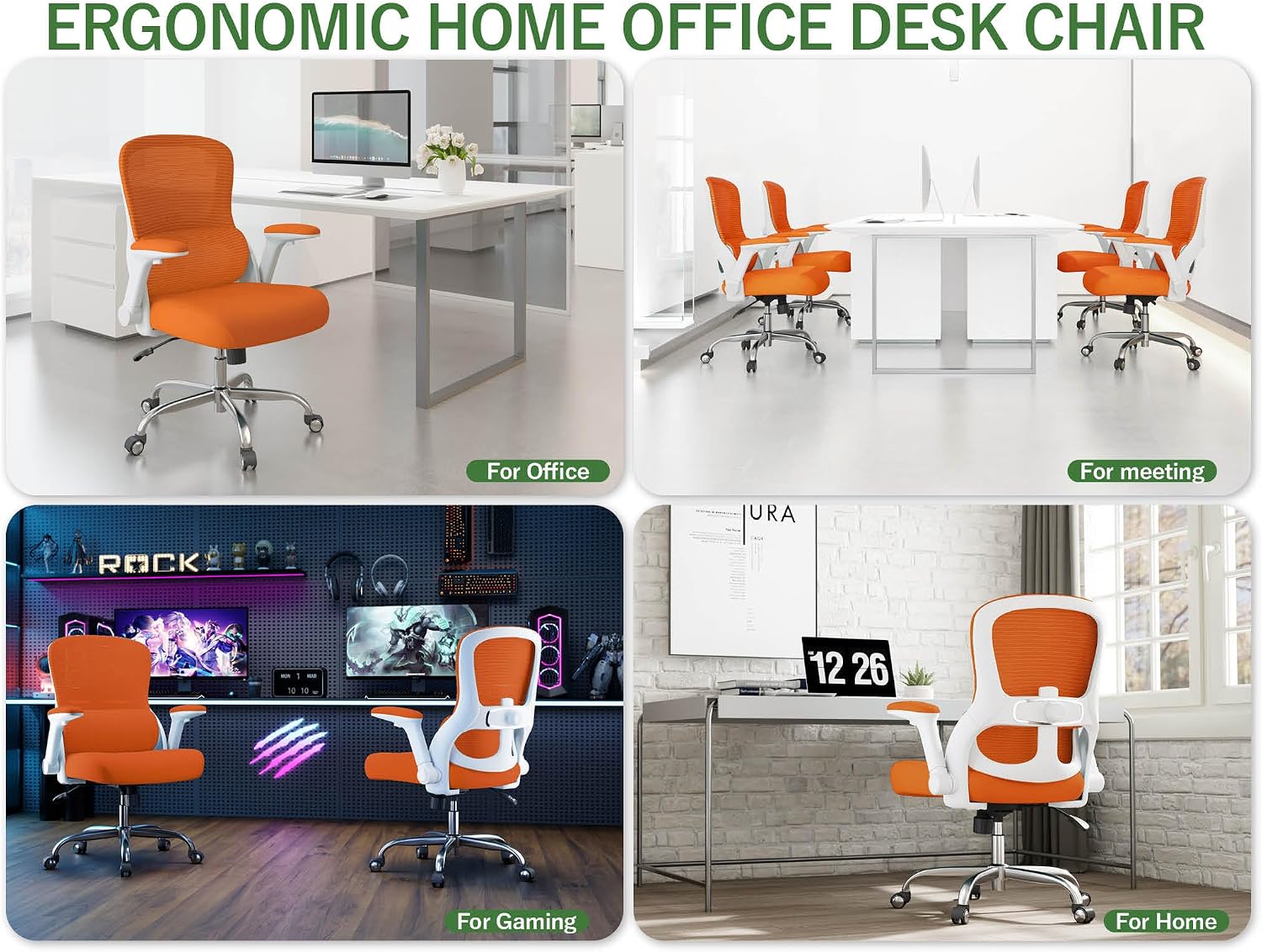 Office Chair Ergonomic Desk Chair Comfy: 400LBS Mesh Computer Chair Ergonomic Gaming Chairs with Wheels Adjustable Lumbar Support and Flip up Armrest-Swivel Executive Chairs Long Hours(Orange)