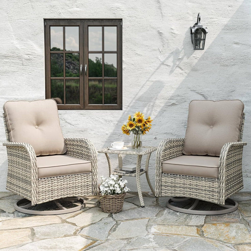 6-Piece Patio Rocking Swivel Chair Outdoor Wicker Rattan Bistro Set with Tempered Glass Side Table, Outdoor Patio Furniture Set for Garden, Deck, and Balcony, Sand