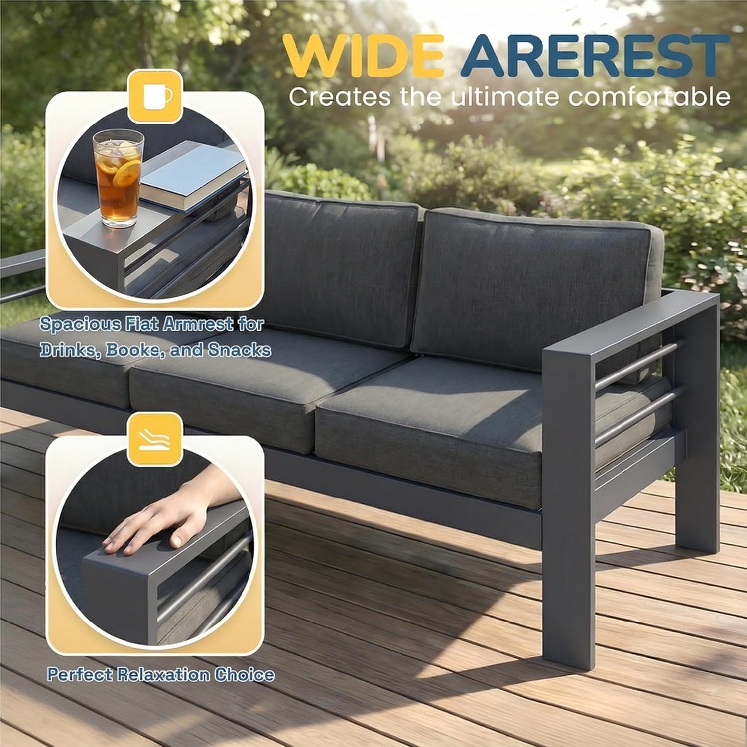Solaste Aluminum Patio Furniture Set for All Weather, Oversized Metal Outdoor Furniture Set with 27.5' Deep Seating and 3.2' Wide Armrest, Outdoor Patio Conversation Sets with 10' Back Cushion, Gray