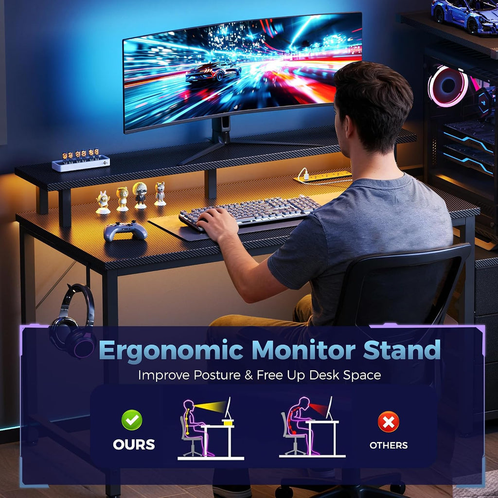 DUMOS L Shaped Gaming Desk with Shelves Storage Drawers 52'', Black Computer Desks with LED Lights Power Outlets, Office Wood Table with PC Stand Cable Management for Bedroom Dual Monitor Streaming