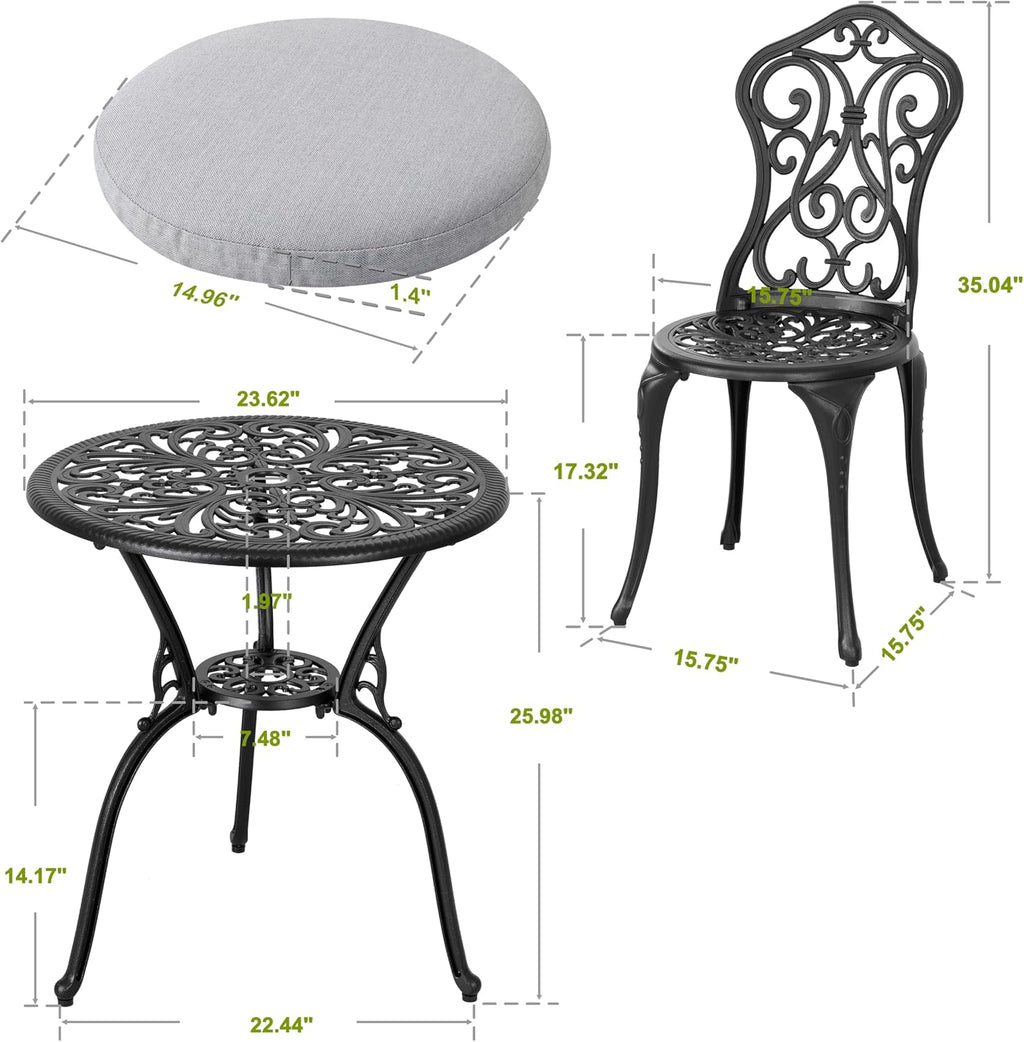 NUU GARDEN 3 Pieces Patio Bistro Set, Outdoor Bistro Set with 2 Chairs, Round Table with Umbrella Hole, Outdoor Bistro Set with Umbrella Hole and Grey Cushions, Black
