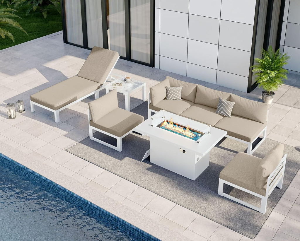 NICESOUL 8 Piece Modern Aluminum Outdoor Patio Furniture Set with Lounger & Fire Pit Table, Extra Large All-Weather Modular Sectional Couch, 29' Wide Deep Seating Conversation Sofa for Poolside, Beige