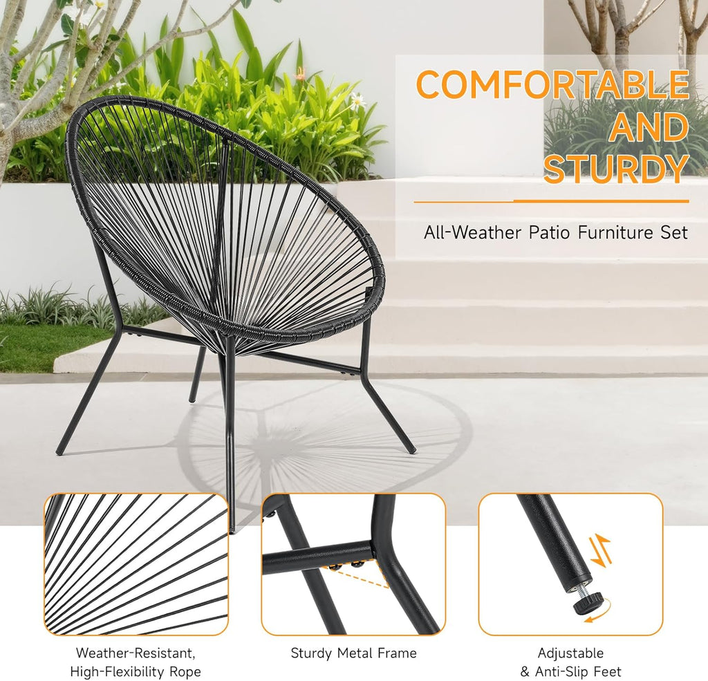 ONBRILL 4-Piece Outdoor Acapulco Chairs Set, Modern Patio Furniture Set, PE Pattan Bistro Set with Steel Frame for Balcony, Lawn, Porch and Garden, Black