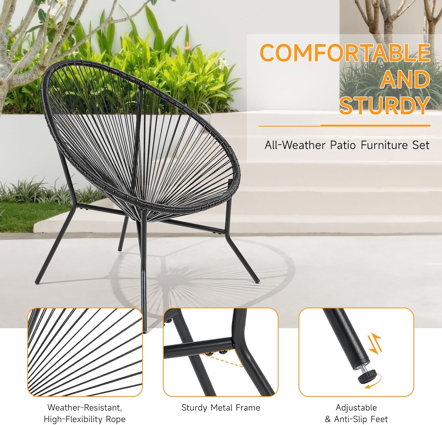 ONBRILL 4-Piece Outdoor Acapulco Chairs Set, Modern Patio Furniture Set, PE Pattan Bistro Set with Steel Frame for Balcony, Lawn, Porch and Garden, Black