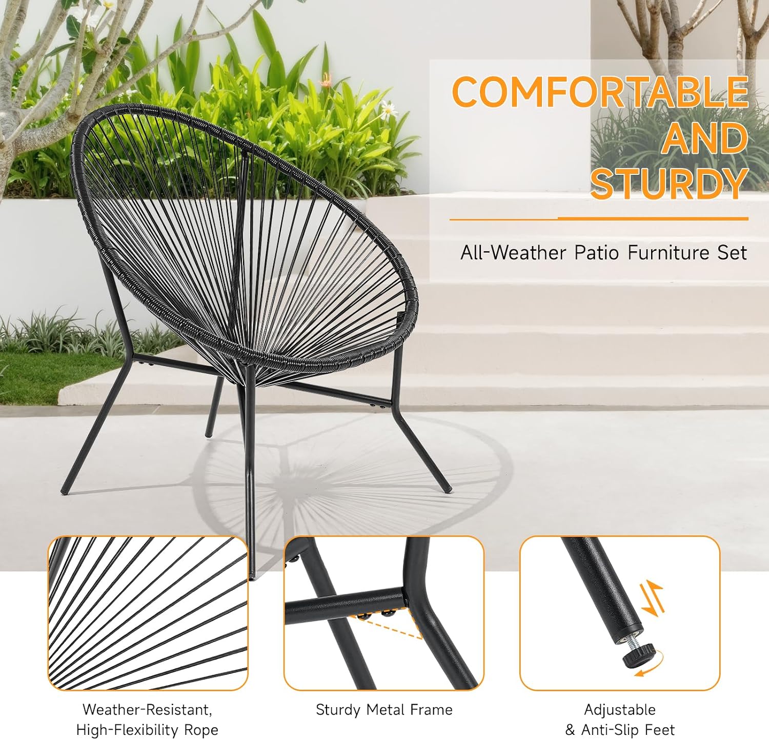 ONBRILL 6-Piece Outdoor Acapulco Chairs Set, Modern Patio Furniture Set, PE Rattan Bistro Set with Steel Frame for Balcony, Lawn, Porch and Garden, Black