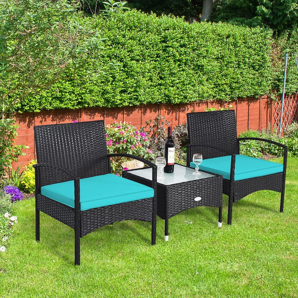 HAPPYGRILL 3 Pieces Patio Furniture Conversation Set, Outdoor Rattan Wicker Bistro Set with Glass Coffee Table & Soft Cushions for Balcony Garden Poolside