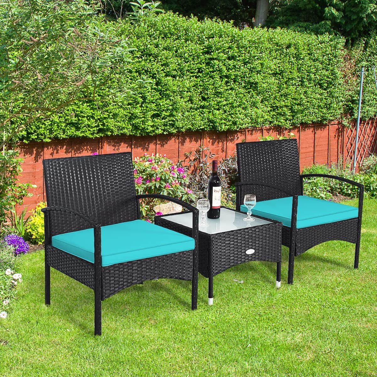 HAPPYGRILL 3 Pieces Patio Furniture Conversation Set, Outdoor Rattan Wicker Bistro Set with Glass Coffee Table & Soft Cushions for Balcony Garden Poolside