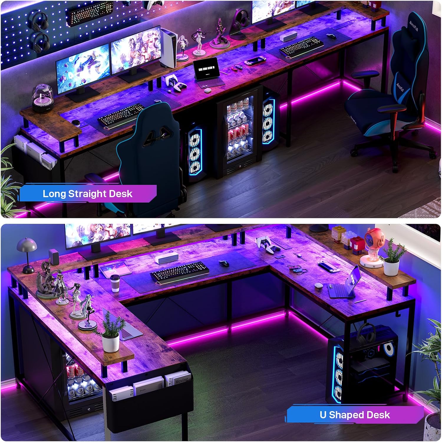 Garvee 79 Inch u Shaped Computer Desk,Large Gaming Desk with Power Outlets & LED Lights,Reversible l Shaped Desk for Home Office Work and Gaming,Rustic Brown
