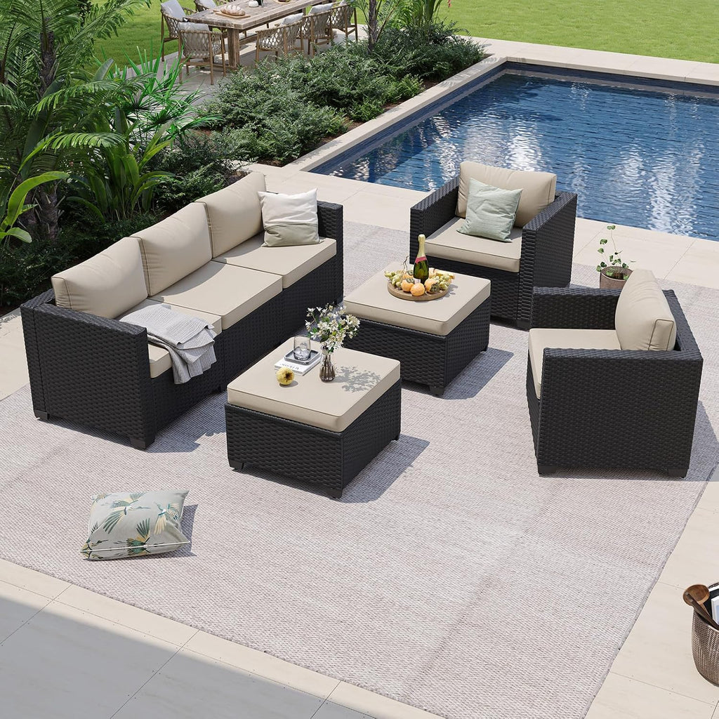 Aoxun Patio Furniture Set, 5 Piece Outdoor Sectional Sofa with Ottomans, Wicker Outdoor Furniture Conversation Sets with Waterproof Cover for Backyard Beige